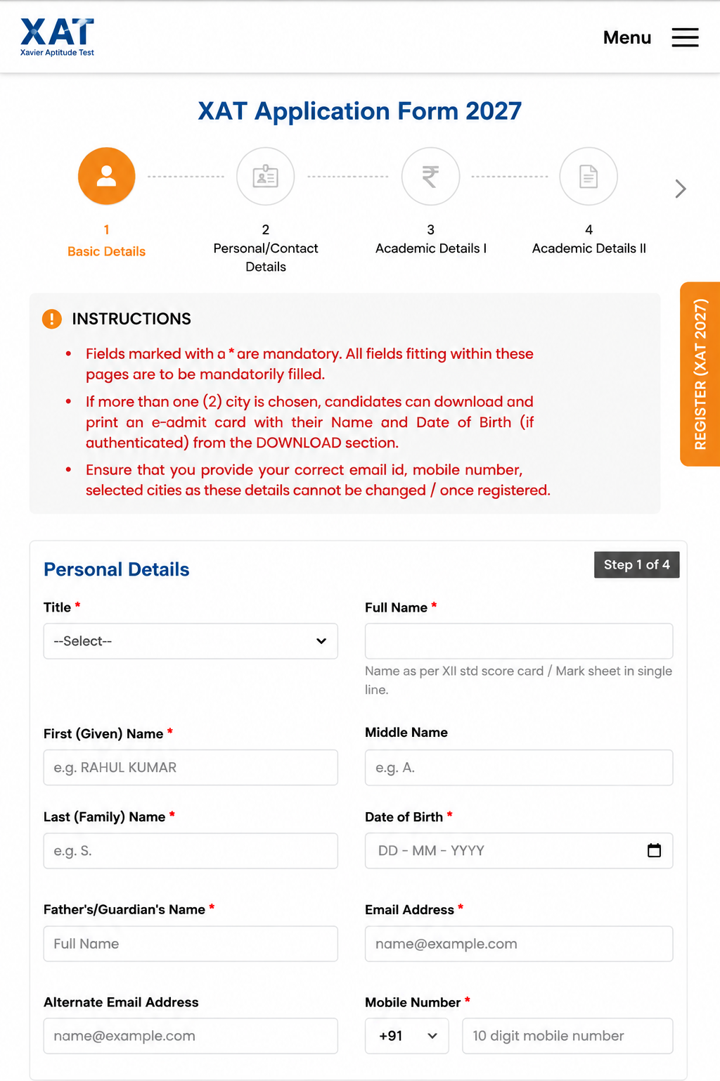 XAT 2027 Registration Form Screenshot